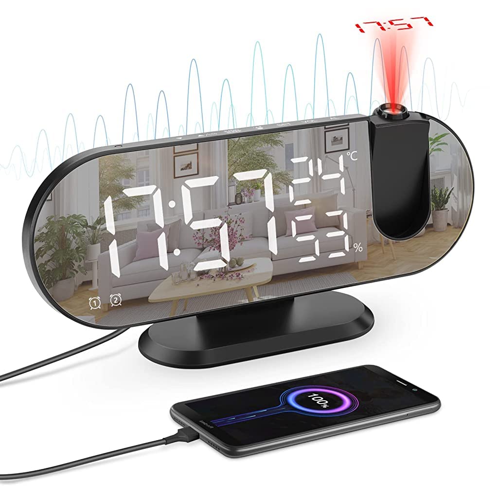HASTHIP Projection Alarm Clock, 8.2 inch LED Mirror Digital Alarm Clock with USB Port, 180° Rotable Projector, FM Radio, Temperature & Humidity Display, 12/24H, Dual Alarm, Snooze, 3 Dimmer (Black) HASTHIP Projection Alarm Clock, 8.2 inch LED Mirror Digital Alarm Clock with USB Port, 180° Rotable Projector, FM Radio, Temperature & Humidity Display, 12/24H, Dual Alarm, Snooze, 3 Dimmer (Black)